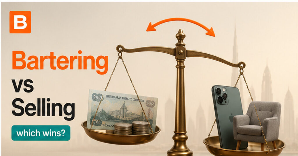 Bartering vs selling in the UAE — a balance scale weighing UAE cash against a phone and an armchair