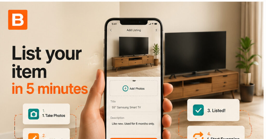 How to list an item on Bartr in 5 minutes — listing a TV through the Bartr app on a smartphone