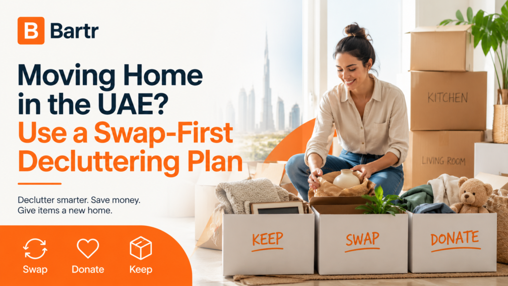 Labelled boxes for a swap-first decluttering plan before moving home in the UAE.
