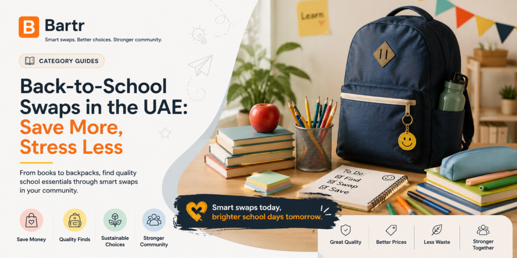 School uniforms, books and supplies prepared for a back-to-school swap in the UAE.