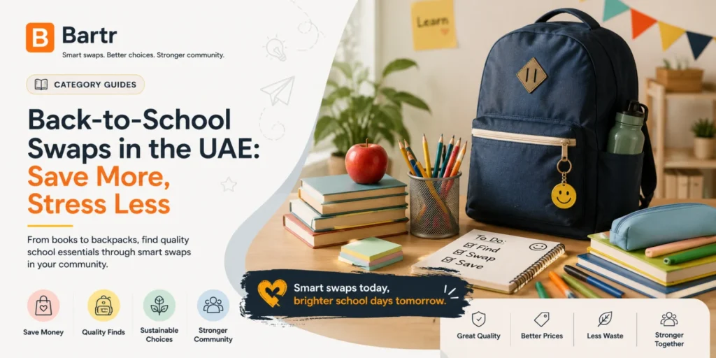School uniforms, books and supplies prepared for a back-to-school swap in the UAE.