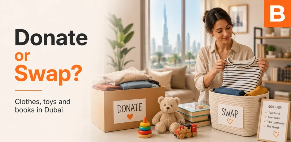 Bags of clean clothes, toys and books prepared for donation in Dubai.
