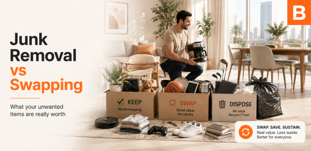 Household items sorted into a keep, swap and dispose pile in a UAE home.