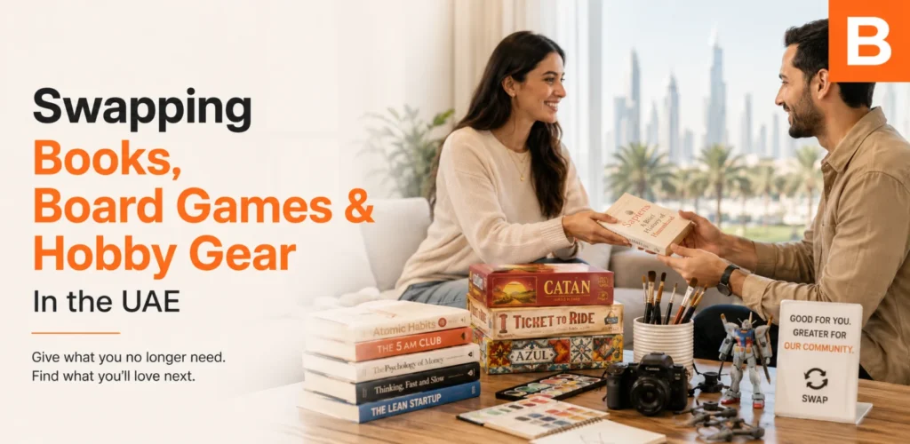 Books, board games and hobby supplies arranged for a swap in a UAE home.