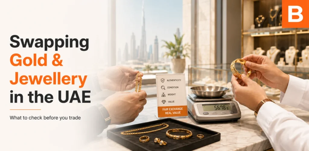 Gold jewellery being weighed and inspected before an exchange in the UAE.