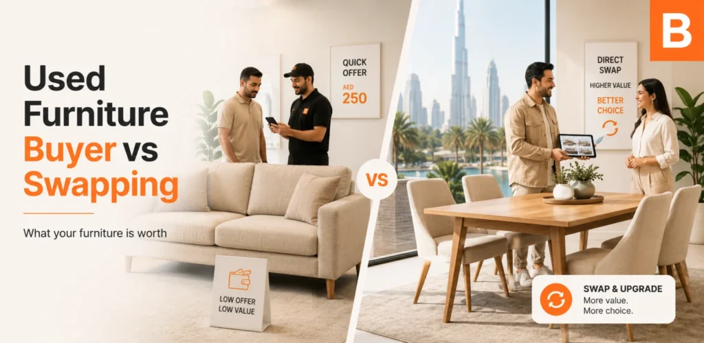 A used sofa and dining table being valued before sale or swap in Dubai.