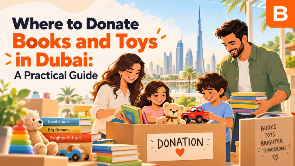 A family packing children's books and toys into a donation box in Dubai.