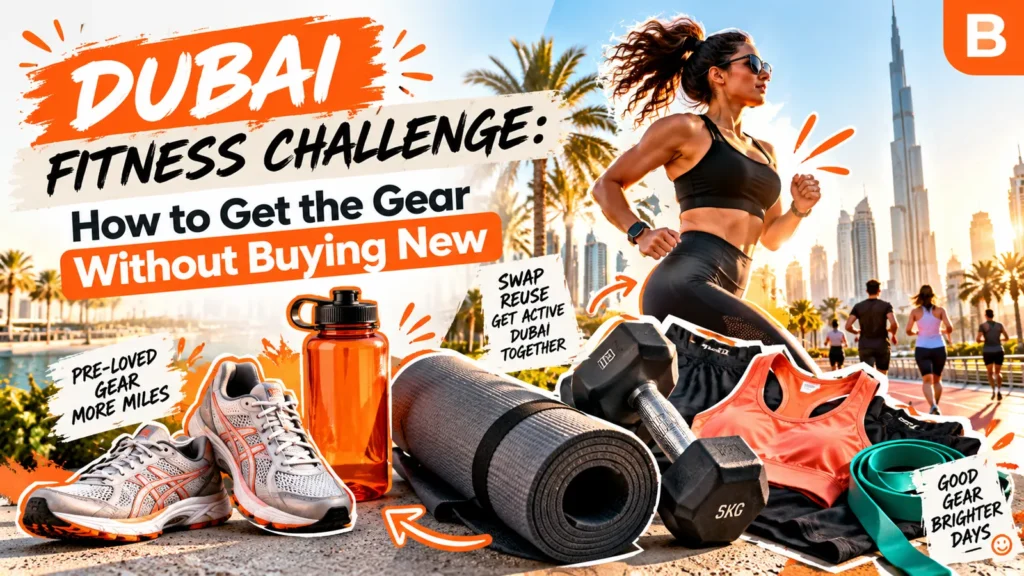 Pre-loved fitness gear including trainers, a yoga mat, dumbbells and a water bottle, with a runner in Dubai.