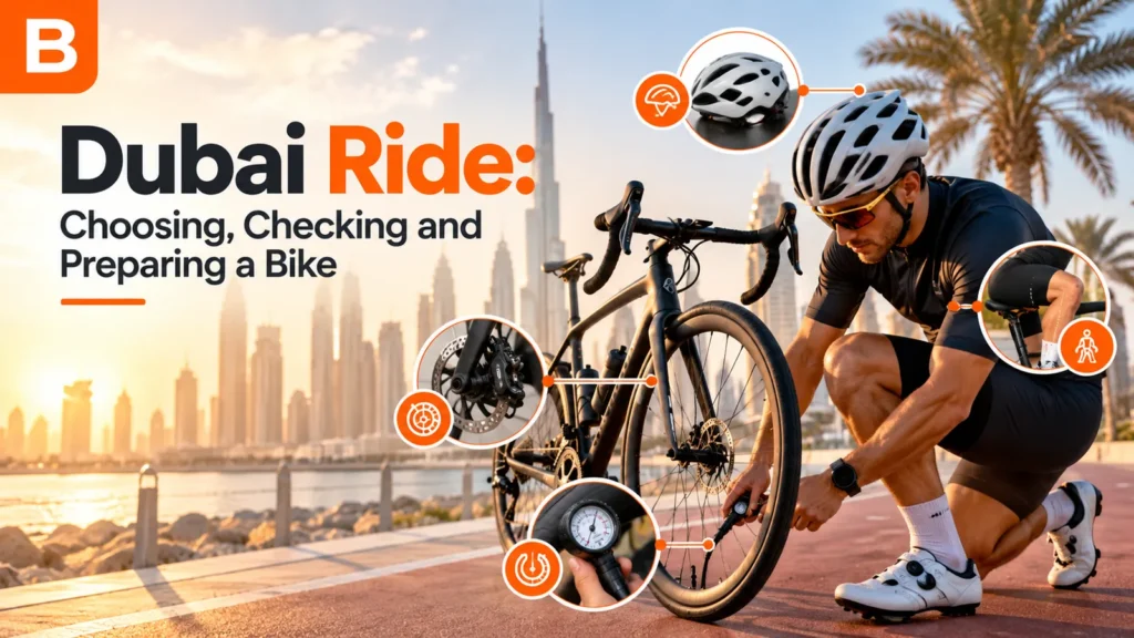 A cyclist checking the brakes and tyres of a road bike before Dubai Ride, with the Dubai skyline behind.