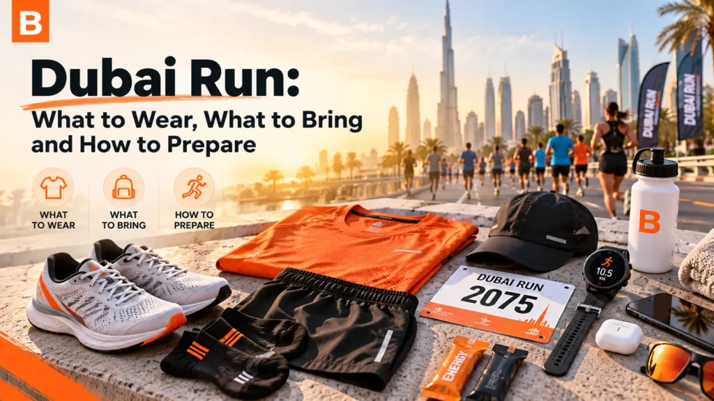 Running kit laid out for Dubai Run: trainers, cap, sports watch, race bib and energy bars, with runners on the road.