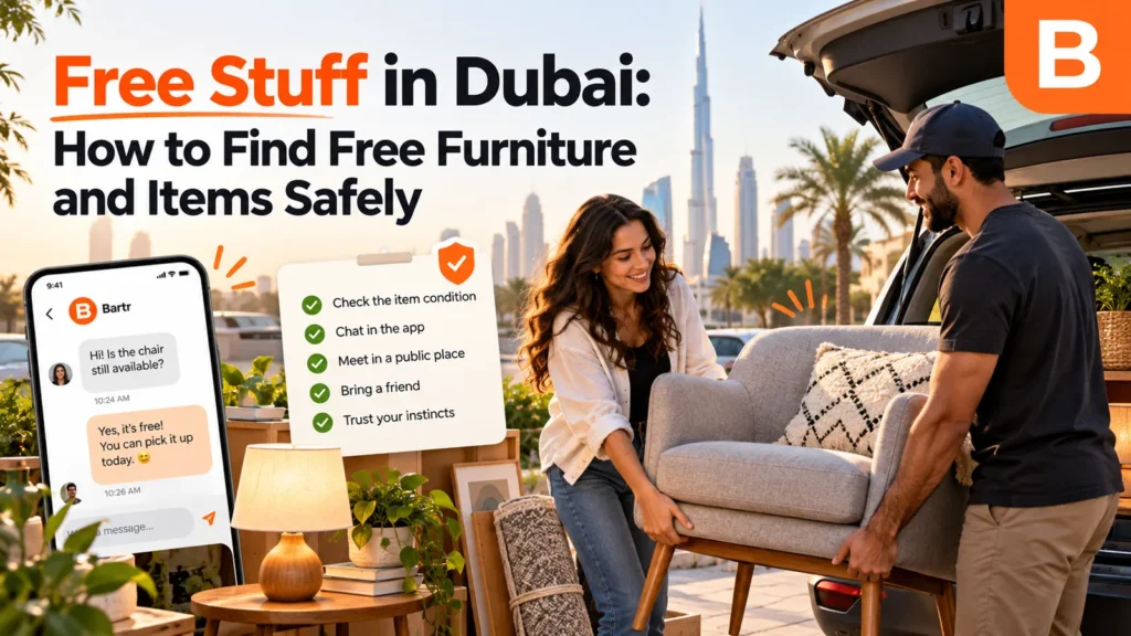 Two people carrying a free armchair to a car after arranging the collection through a chat app in Dubai.
