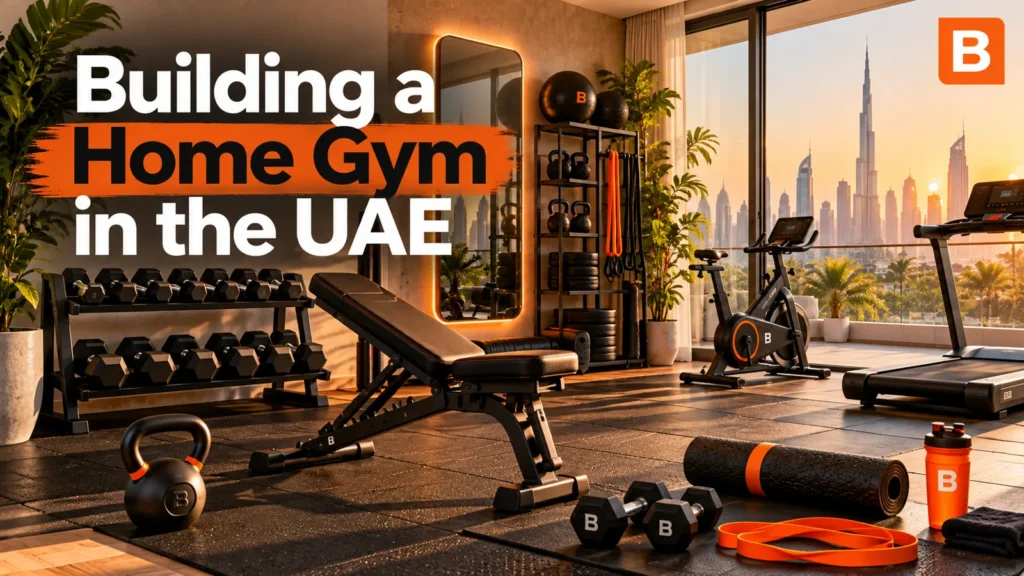 A compact home gym in a UAE apartment with a bench, dumbbells, kettlebell, treadmill and exercise bike.