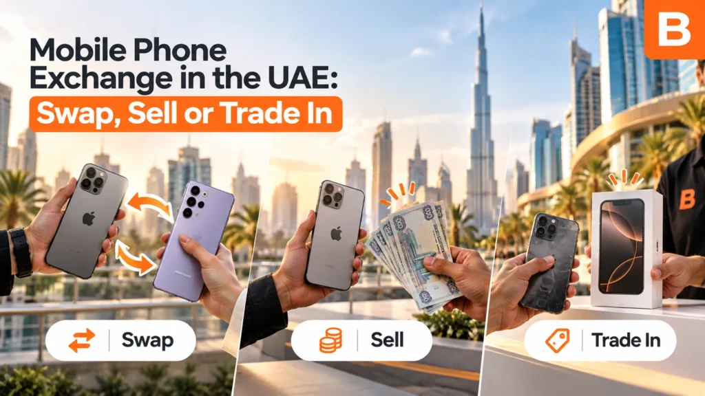 Hands holding smartphones to swap, sell or trade in, against the Dubai skyline.