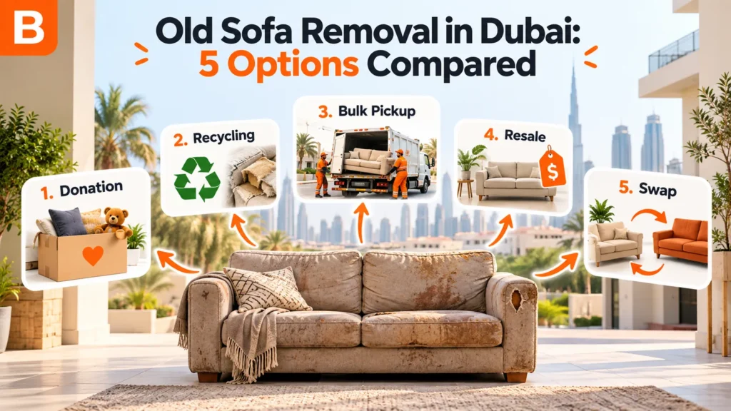 An old sofa in a Dubai apartment with five removal options: donation, recycling, bulk pickup, resale and swap.