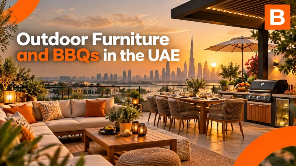 An outdoor terrace in Dubai at sunset with a sofa, dining table, umbrella and gas barbecue.