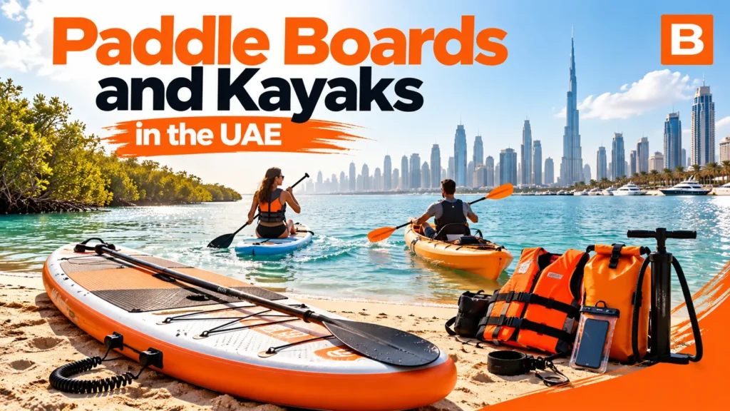 An inflatable paddle board, paddle and buoyancy aids on a Dubai beach, with kayakers on the water.
