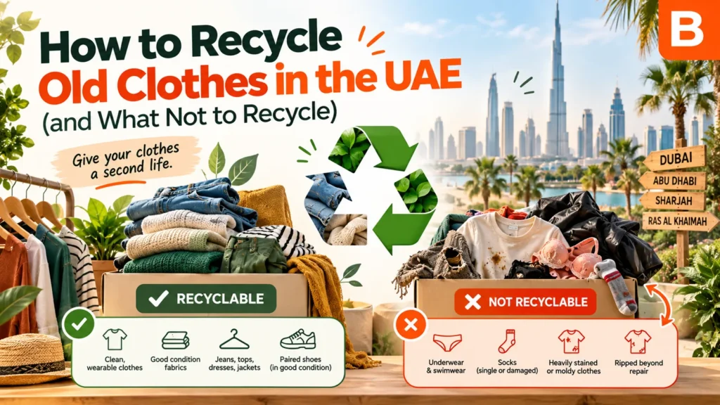 Old clothes sorted into recyclable and not-recyclable piles, with a recycling symbol and the Dubai skyline.