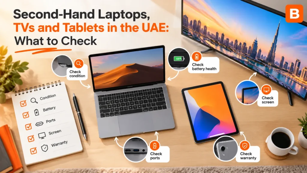 A second-hand laptop, tablet and TV on a desk with a checklist for testing battery, ports and screen.